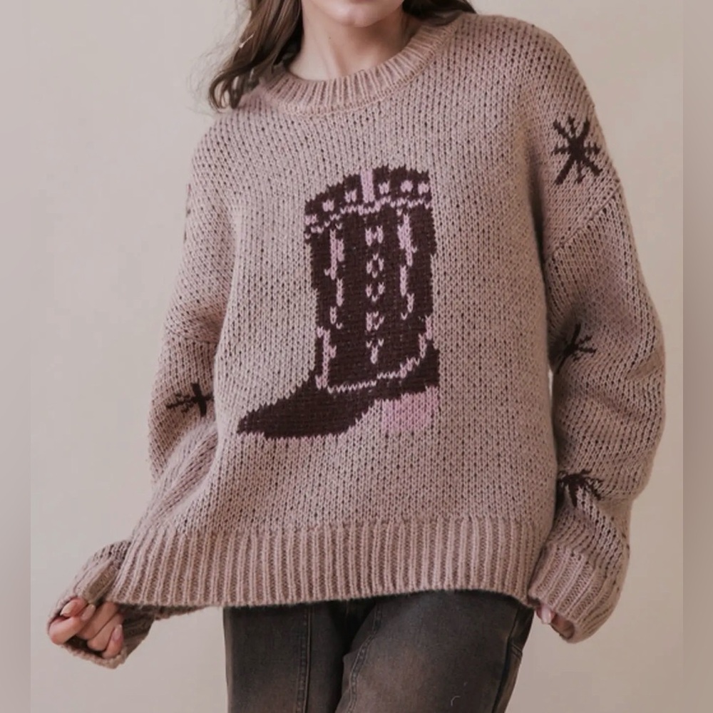 Cowboy Boots Graphic Print Knit Sweater - Taupe